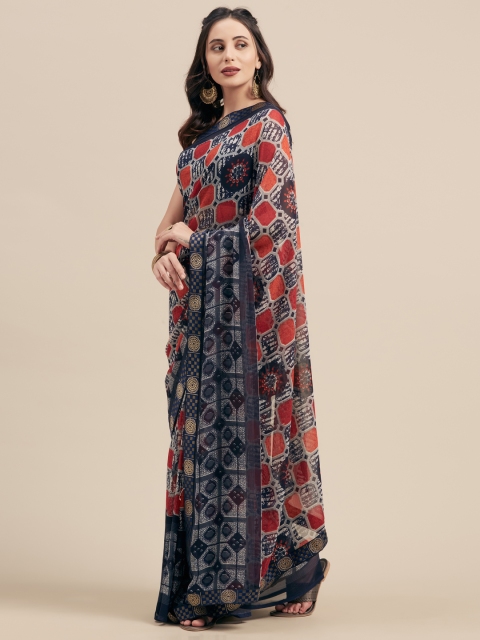 

Nanda Silk Mills Navy Blue & Orange Pure Georgette Printed Saree