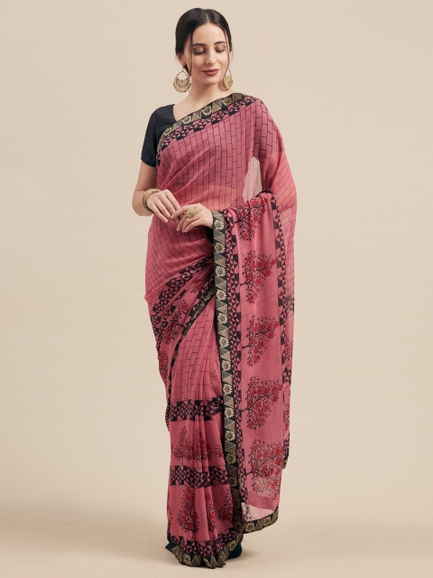

Nanda Silk Mills Pink & Black Pure Georgette Checked Saree