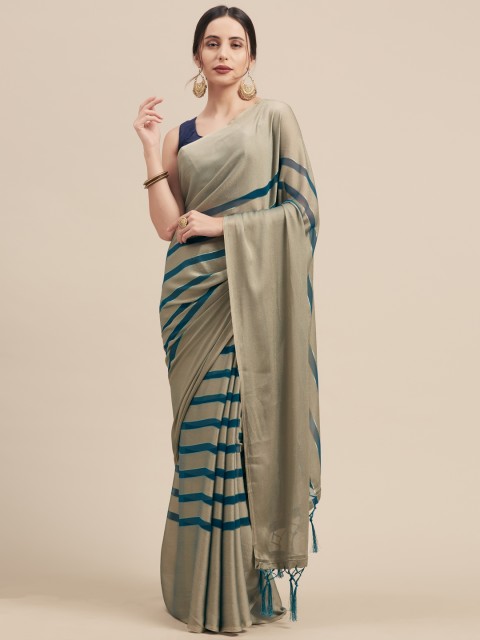 

Nanda Silk Mills Beige & Blue Poly Chiffon Striped Saree