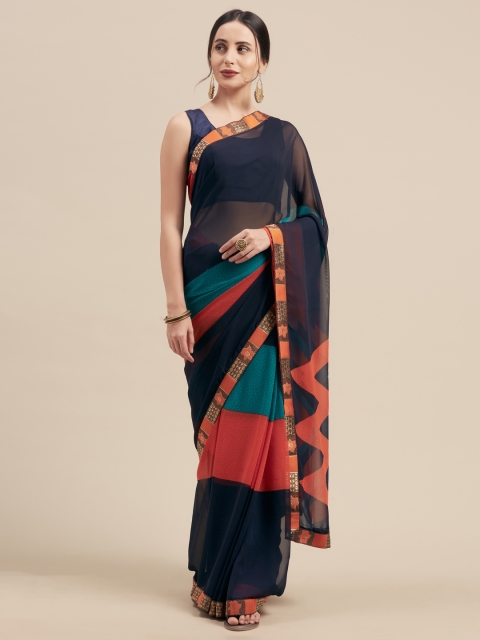 

Nanda Silk Mills Navy Blue & Orange Pure Georgette Colourblocked Saree