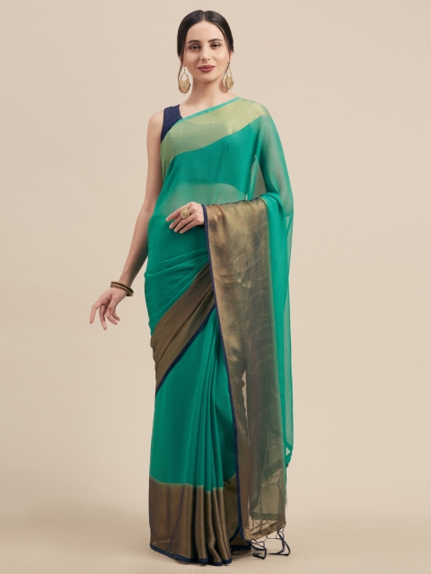 

Nanda Silk Mills Teal Green Solid Viscose Chiffon Saree