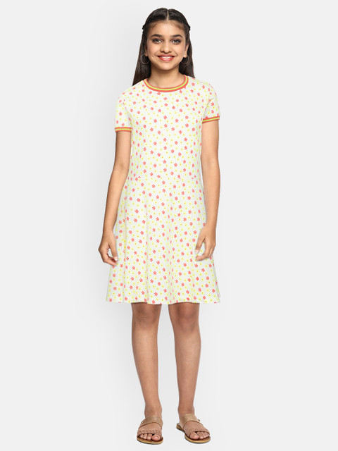 

United Colors of Benetton Girls White & Pink Floral Print A-Line Dress