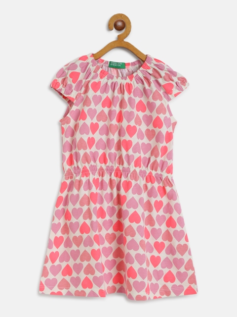 

United Colors of Benetton Girls Off-White and Pink Heart Printed A-Line Dress