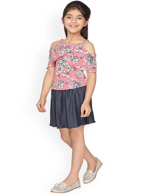 

Tiny Baby Girls Pink & Blue Printed Top with Skirt