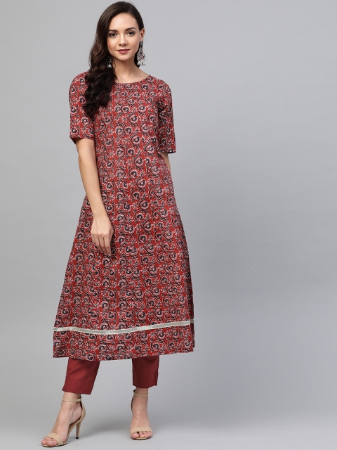 

SIAH Women Maroon & Black Printed Kurta with Trousers