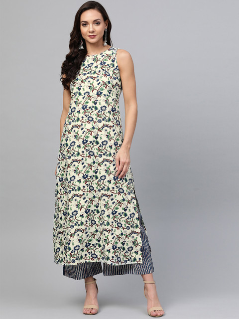 

SIAH Women Off-White & Navy Blue Printed Kurta with Palazzos