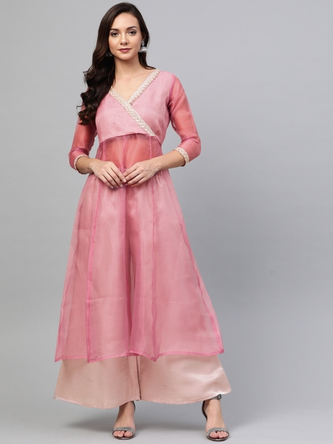 

SIAH Women Pink & Grey Solid Semi Sheer Angrakha Kurta with Palazzos
