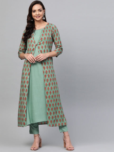 

SIAH Women Green & Orange Printed Layered Kurta with Trousers