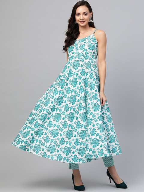 

SIAH Women White & Green Floral Print Kurta with Trousers