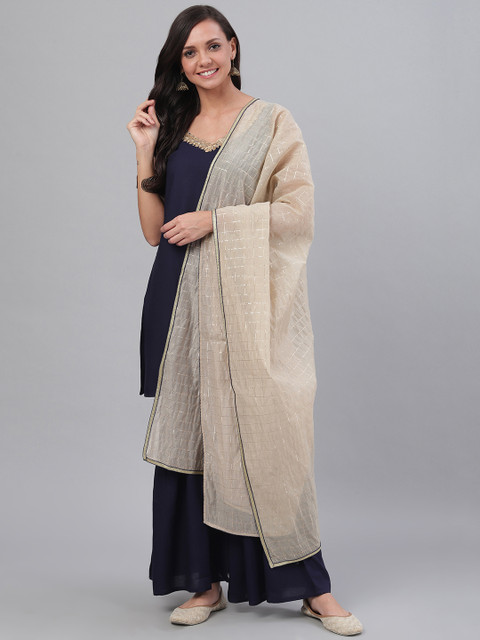 

SIAH Women Navy Blue & Beige Aari Work Solid Kurta with Sharara & Dupatta