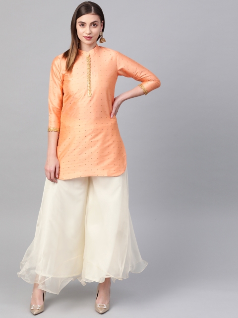 

SIAH Women Peach-Coloured & Off-White Woven Design Kurti with Palazzos