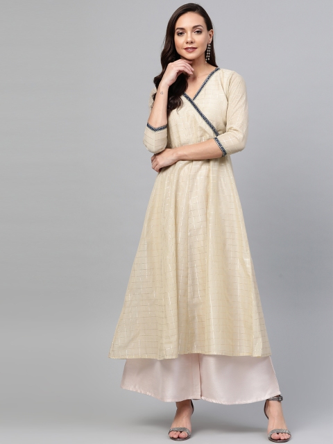 

SIAH Women Beige & Off-White Zari Checked Angrakha Kurta with Palazzos