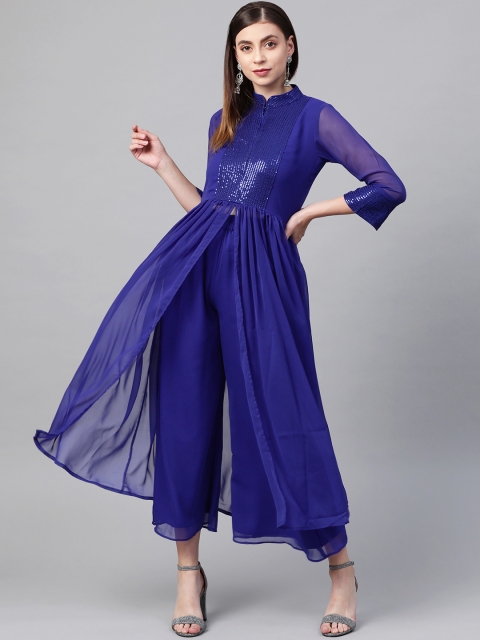 

SIAH Women Blue Semi-Sheer Yoke Design Kurta with Palazzos
