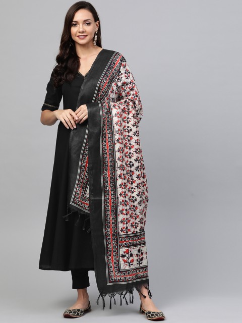 

SIAH Women Black & Off-White Solid Angrakha Kurta with Trousers & Dupatta
