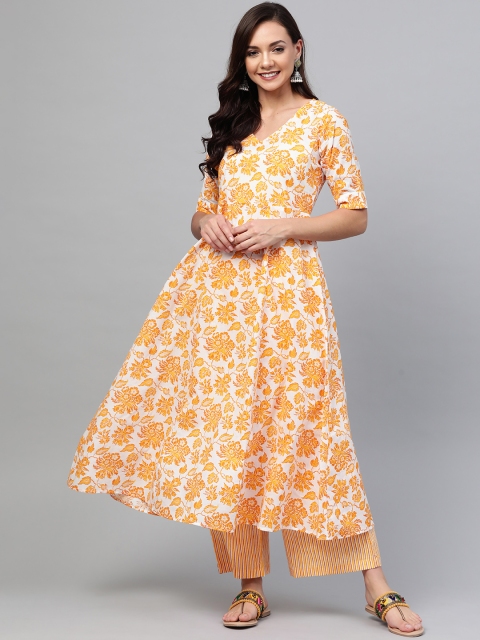 

SIAH Women White & Mustard Yellow Floral Print Kurta with Palazzos