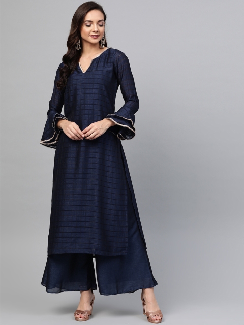 

SIAH Women Navy Blue & Black Checked Kurta with Palazzos