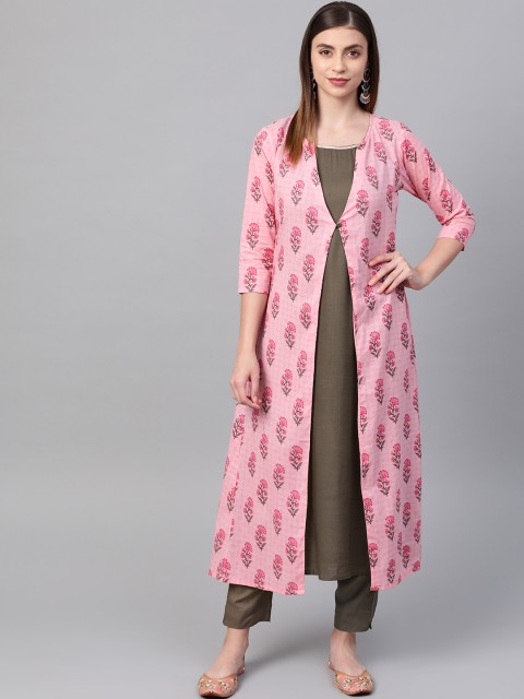 

SIAH Women Pink & Taupe Layered Printed Kurta with Trousers