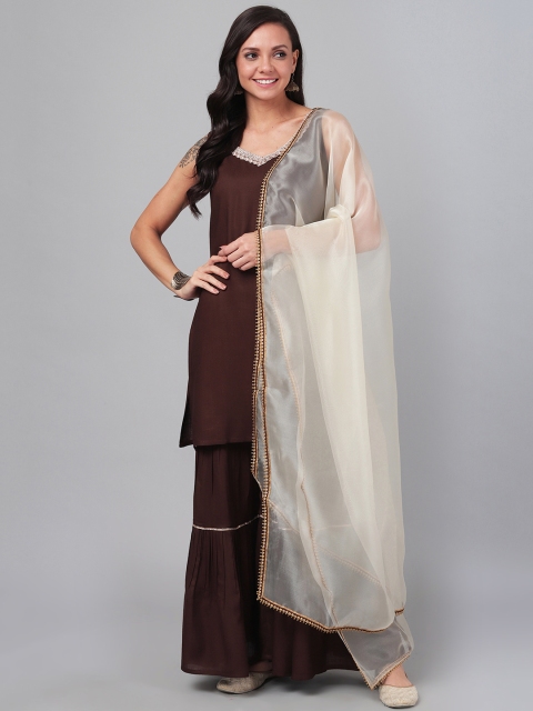 

SIAH Women Coffee Brown & Off-White Gotta Patti Solid Kurta with Sharara & Dupatta