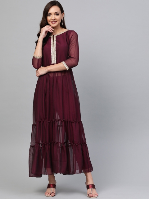 

SIAH Women Burgundy Solid Semi Sheer Tiered Kurta with Trousers