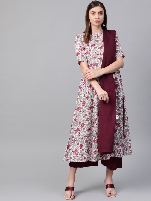 

SIAH Women White & Burgundy Printed Kurta with Palazzos & Dupatta