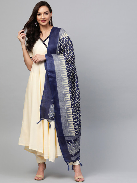 

SIAH Women Cream-Coloured & Navy Blue Solid Kurta with Trousers & Dupatta