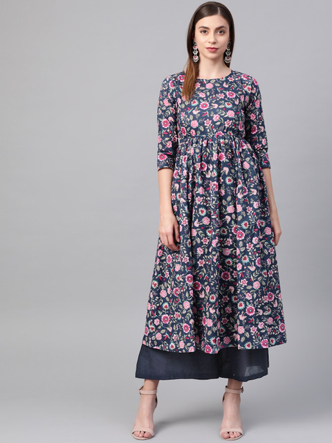 

SIAH Women Navy Blue & Pink Printed Empire Anarkali Kurta with Palazzos