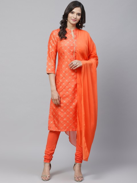 

Biba Women Orange & Golden Printed Kurta with Churidar & Dupatta