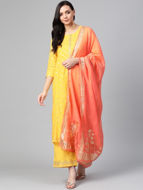 

Biba Women Yellow & Pink Self Design Kurta with Palazzos & Dupatta