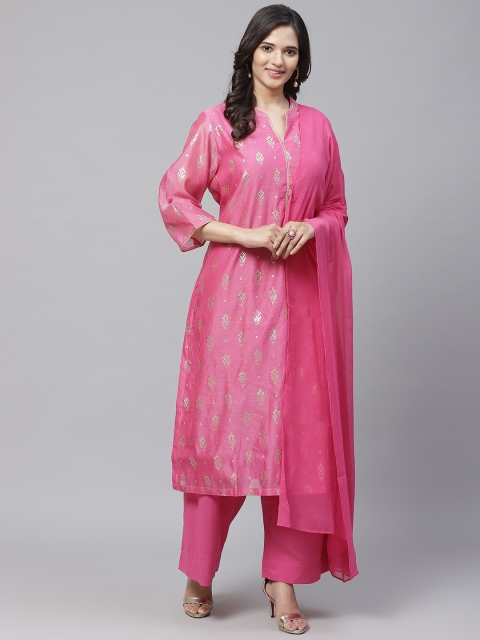 

Biba Women Pink & Golden Printed Kurta with Palazzos & Dupatta