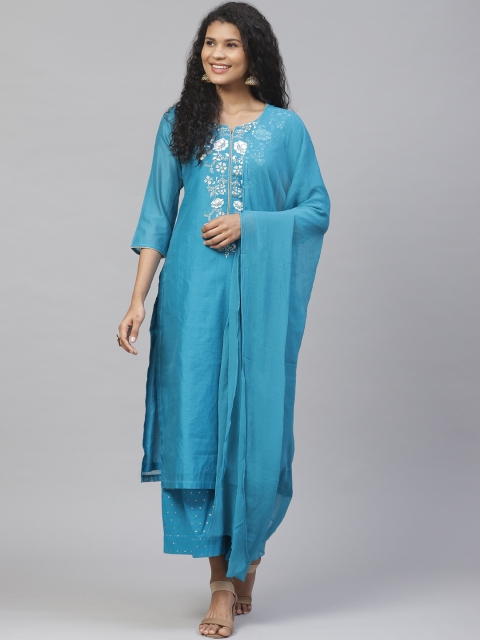 

Biba Women Teal Blue & White Floral Yoke Design Kurta with Palazzos & Dupatta