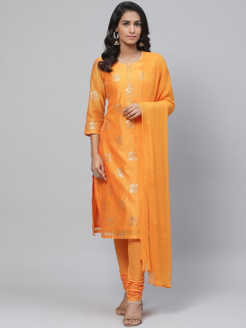 

Biba Women Orange & Golden Printed Kurta with Churidar & Dupatta