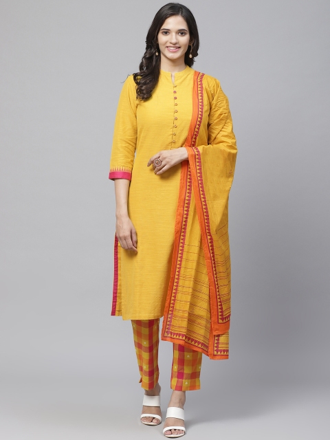 

Biba Women Mustard Yellow & Orange Solid Kurta with Trousers & Dupatta