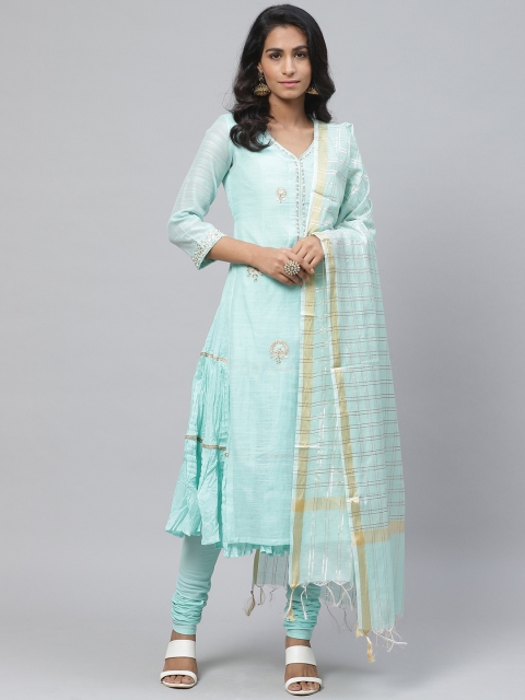 Women Blue & Golden Embroidered Layered Kurta with Churidar & Dupatta