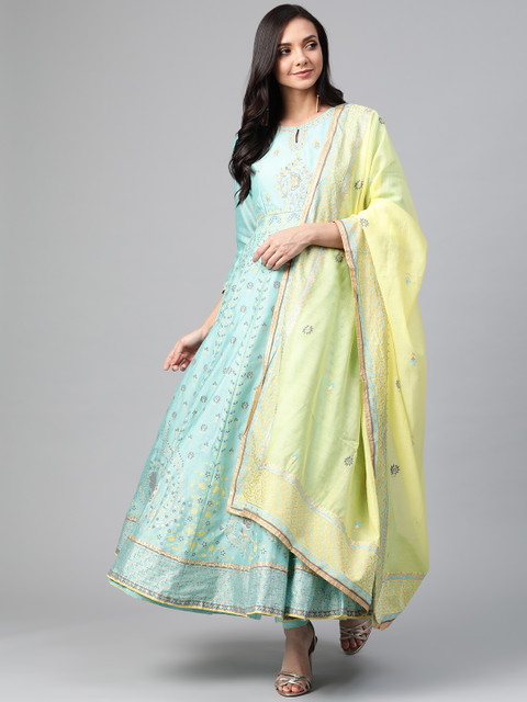 

Biba Women Blue & Yellow Ethnic Print Anarkali Kurta with Churidar & Dupatta
