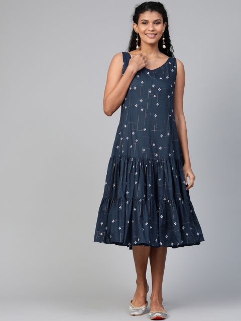 

Biba Women Navy Blue & White Tiered Printed A-Line Dress