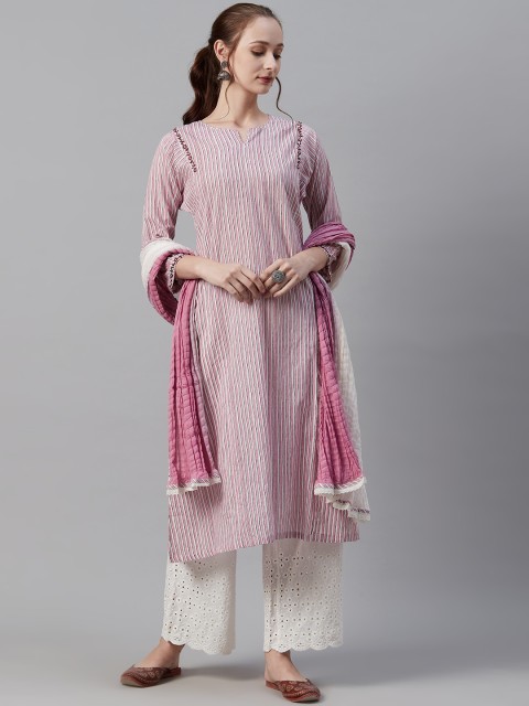 

Biba Women Pink & White Striped Kurta with Palazzos & Dupatta