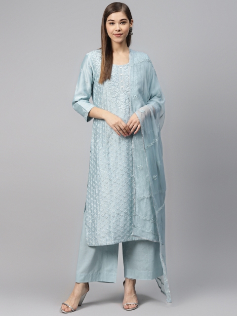 

Biba Women Blue Embroidered Kurta with Palazzos & Dupatta