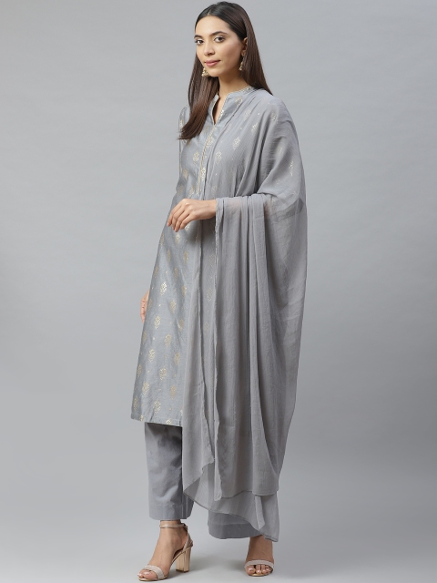 

Biba Women Grey & Silver Ethnic Motif Print Kurta with Trousers & Dupatta