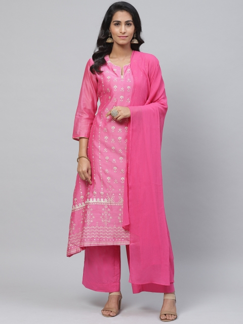 

Biba Women Pink & Golden Ethnic Printed Kurta with Palazzos & Dupatta