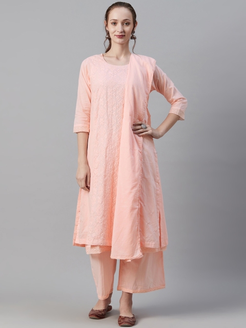 

Biba Women Peach-Coloured Chikankari Embroidered Kurta with Palazzos & Dupatta