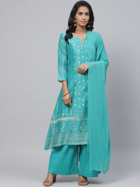 

Biba Women Sea Green & Golden Ethnic Printed Kurta with Palazzos & Dupatta