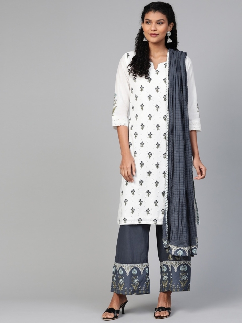 

Biba Women White & Navy Blue Floral Print Kurta with Palazzos & Dupatta