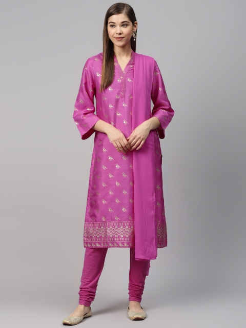 

Biba Women Pink & Golden Printed Kurta with Leggings & Dupatta