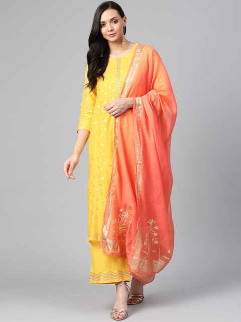 

Biba Women Yellow & Coral Orange Sequinned Kurta with Palazzos & Dupatta
