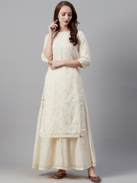 

Biba Women Off-White Embroidered Kurta with Skirt & Dupatta
