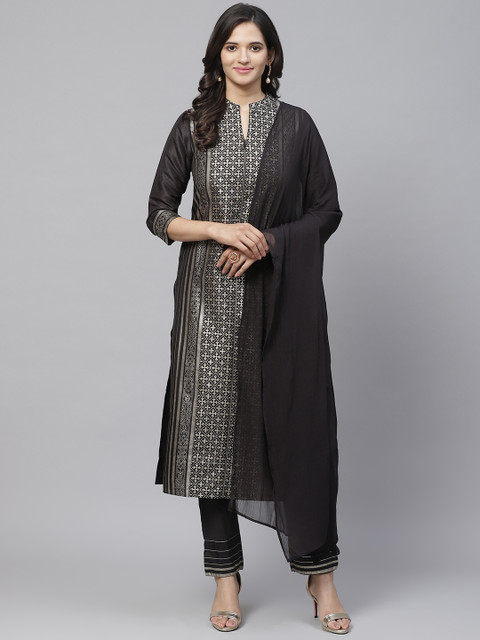 

Biba Women Black & Golden Printed Kurta with Trousers & Dupatta