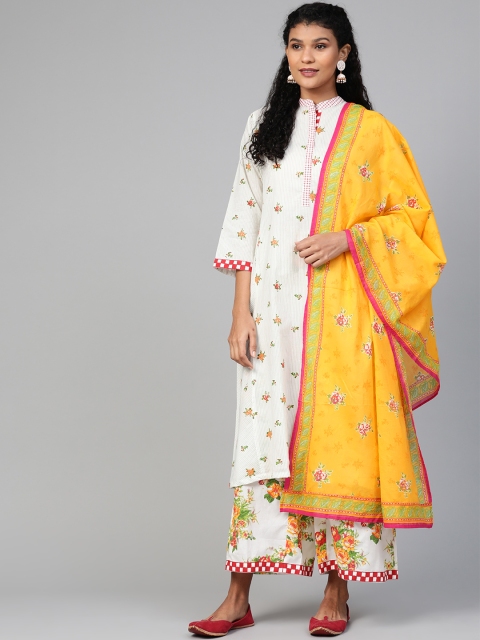 

Biba Women Off-White & Yellow Floral Print Kurta with Palazzos & Dupatta