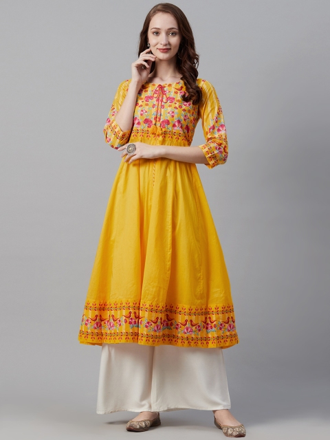 

Biba Women Mustard Yellow & Pink Floral & Bird Yoke Design A-Line Kurta
