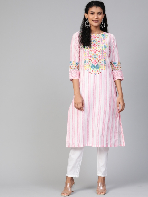 

Biba Women Pink & White Floral Detail Striped Straight Kurta