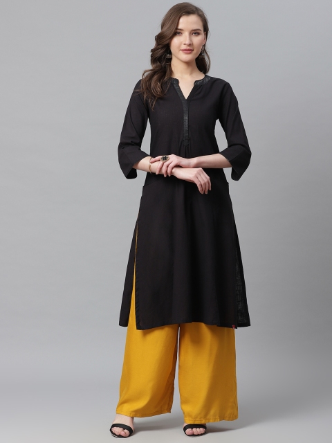 

Biba Women Black Solid Panelled A-Line Kurta